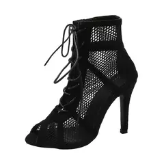 Sandalias sexis de tacón alto con malla hueca para mujer, Sandalias de tacón con punta abierta y cordones cruzados, zapatos de baile con correa en el tobillo, sandalias de red negras - online store
