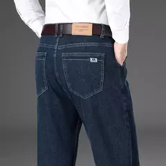 Pantalones vaqueros elásticos de cintura alta para hombre, Jeans clásicos de negocios informales para oficina, a la moda, color azul marino, otoño e invierno, nuevos - buy online