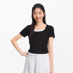 Semir-Camiseta de manga corta para mujer, Top corto falso de dos piezas, versátil, novedad de verano 2021, Top ajustado con cuello en U, adelgazante para estilo elegante - tienda en línea