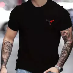 Image of Camiseta de manga corta con cuello redondo y estampado de toro para hombre, 100% de algodón, informal, talla grande, ropa de calle con botones, verano