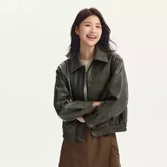 Semir-chaqueta de cuero PU con textura Retro para mujer, abrigo holgado con cuello, estilo callejero, novedad de otoño, 2024 - Eleganzie