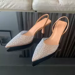 Moda de verano 2024, tacones altos para mujer, decoración de perlas, zapatos de tacón con talón descubierto para mujer, Sandalias de tacón alto con punta estrecha, zapatos elegantes para mujer