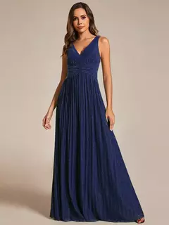 Vestidos de noche elegantes Brillante Sin mangas Plisado Cintura imperio 2025 Ever Pretty of Lentejuelas Una línea Azul marino Vestido de dama de honor