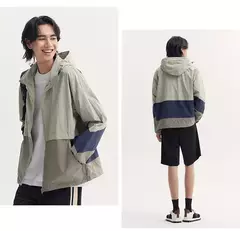 Chaqueta Semir holgada para hombre, protección solar para acampar al aire libre, Top con capucha, bloque de Color de verano, textura arrugada de retales, moda - Eleganzie