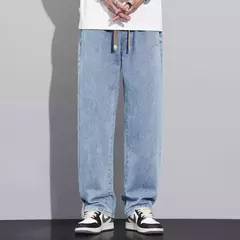 Image of Pantalones vaqueros elásticos de cintura elástica para hombre, ropa de calle suelta, longitud completa, pantalones vaqueros rectos de pierna ancha con cordón, azul oscuro