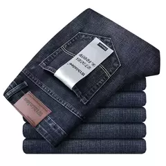 2025 moda cuatro estaciones clásico azul negro trabajo pantalones vaqueros hombres Jeans Casual recto estiramiento ropa de marca masculina