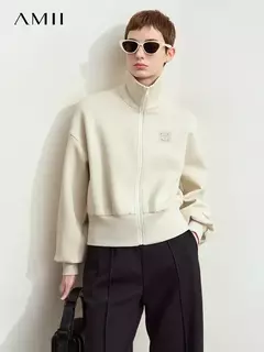 Amii-abrigo corto informal con cremallera para mujer, sudadera holgada de cuello alto, chaqueta deportiva de calle, Otoño, 2024, 12443222