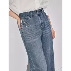 TOYOUTH Jeans de mezclilla para mujer 2025 primavera hechos a mano nuevos pantalones largos de pierna ancha rectos lavados azul claro en internet
