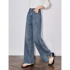 Imagen de TOYOUTH Jeans de mezclilla para mujer 2025 primavera hechos a mano nuevos pantalones largos de pierna ancha rectos lavados azul claro