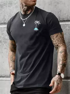 Camiseta de manga corta con cuello redondo y estampado de cocoteros 100% algodón de talla grande informal de verano para hombre - online store