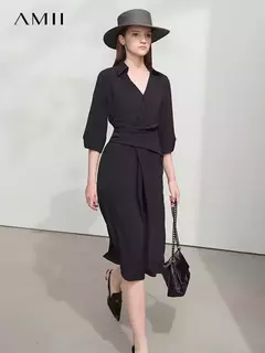 AMII vestido minimalista mujer 2025 primavera nuevo elegante Oficina señora solapa cuello pico ajustado no elástico plisado hasta la rodilla vestido acampanado 12521027