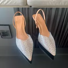 Moda de verano 2024, tacones altos para mujer, decoración de perlas, zapatos de tacón con talón descubierto para mujer, Sandalias de tacón alto con punta estrecha, zapatos elegantes para mujer en internet