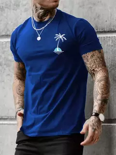 Image of Camiseta de manga corta con cuello redondo y estampado de cocoteros 100% algodón de talla grande informal de verano para hombre