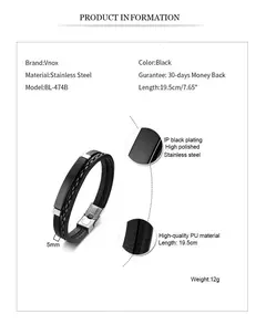 Imagen de Vnox, pulseras de cuero genuino con líneas de coser únicas para hombres y mujeres, brazalete en capas con barra de acero inoxidable, Pulseira informal