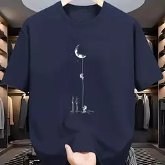 Camiseta holgada informal de algodón puro 100% de verano para hombre, camiseta de manga corta con estampado de aterrizaje de Luna de talla grande y cuello redondo - online store