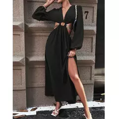 Mia Muse Vestidos de mujer Otoño Sexy Loin Hollowing Manga larga Con cuello en V Una línea Maxi vestidos de fiesta