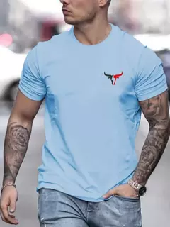 Image of Camiseta de manga corta con cuello redondo y estampado de toro para hombre, 100% de algodón, informal, talla grande, ropa de calle con botones, verano