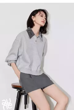 TOYOUTH-sudaderas con capucha para mujer, Jersey de manga larga con cuello vuelto y bordado de cuentas, Tops grises, otoño 2024 en internet