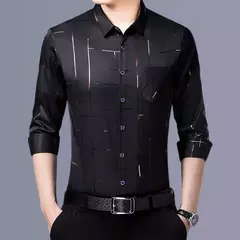 Imagen de Camisa estampada de manga larga informal y de moda para hombre, top de negocios sin planchar y resistente a las arrugas