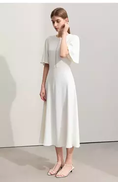 Amii-Vestidos minimalistas de verano para mujer, traje liso con cuello redondo, malla empalmada, manga larga con volantes, cintura francesa, 2024 en internet