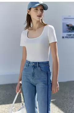 AMII-camisetas minimalistas para mujer, camisetas con cuello en U, cómodas, elásticas, ajustadas, versátiles, de manga corta, para verano 2024 12342288 - Eleganzie