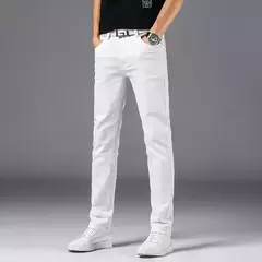 Pantalones vaqueros ajustados blancos para hombre, ropa de estilo clásico, elásticos de alta calidad, de marca, otoño