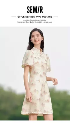 Semir-vestido con estampado de pintura de tinta para mujer, vestido Cheongsam abotonado con mangas de burbuja, novedad de verano 2024