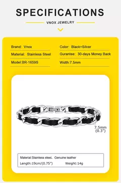 Vnox-pulseras de cadena negras para hombre y mujer, elegantes pulseras de cadena de eslabones cubanos de acero inoxidable de 7,5 MM, joyería de regalo - Eleganzie