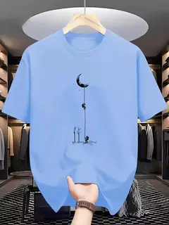 Camiseta holgada informal de algodón puro 100% de verano para hombre, camiseta de manga corta con estampado de aterrizaje de Luna de talla grande y cuello redondo - buy online