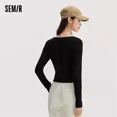 Semir-Camiseta de manga larga para mujer, Top ajustado de encaje suave, estilo corto con lazo y diseño de letras dulces, novedad de otoño, 2024 - comprar en línea