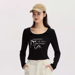 Semir-Camiseta de manga larga para mujer, Top ajustado de encaje suave, estilo corto con lazo y diseño de letras dulces, novedad de otoño, 2024 - tienda en línea