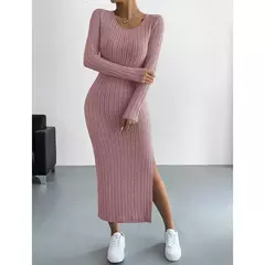 Mia Muse Vestidos de mujer Otoño Invierno tejidos a rayas con abertura en U cuello elástico básico ceñido al cuerpo largo Casual Maxi vestidos largos - comprar en línea