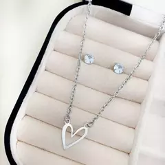Conjunto Aço Inox, pingente coração vazado