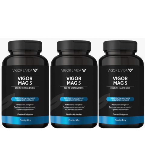 Kit Magnésio (Malato,Bisglicinato, Taurato, Óxido e Cloreto) (3UN) Vigor Mag 5 - Vigor e Vida