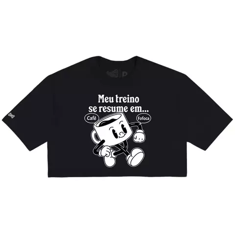 Cropped preto estampado com café e fofoca