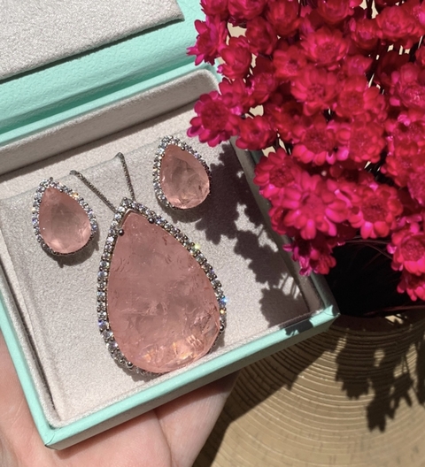 Conjunto gota Turmalina Rosa no banho Ródio Branco