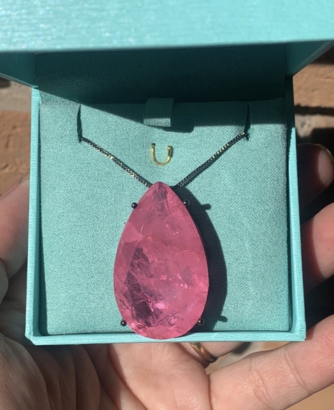 Colar Maxi gota Turmalina Rosa no banho Ródio Negro