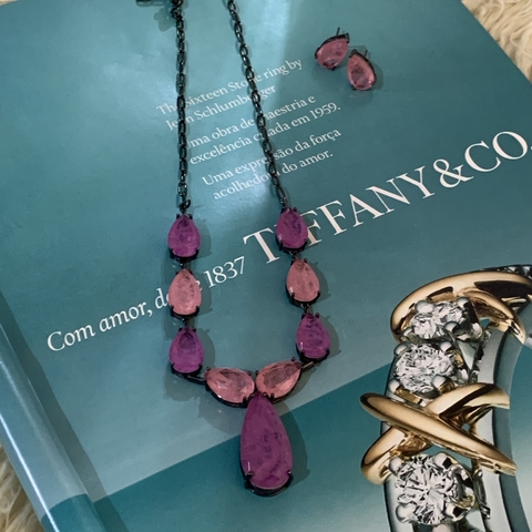 Conjunto Luxo em Turmalina Rosa e Fúcsia no banho Rodio Negro