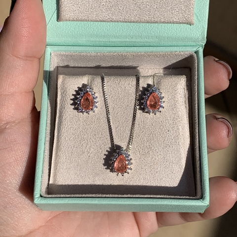 Conjunto Gota Turmalina Coral Fusion no banho Ródio Branco