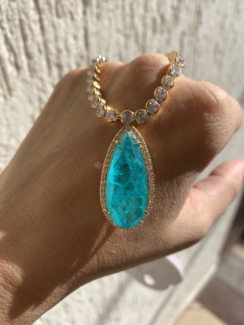 Riviera com gota Turmalina Azul no banho Ouro