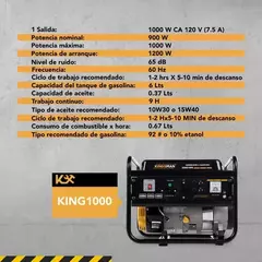 KINGSMAN | Generador de corriente eléctrica a gasolina - planta de luz portátil- estación de energía - 110 V de 2.0 A y potencia de 1000 W- 60 Hertz - - La Vendimia