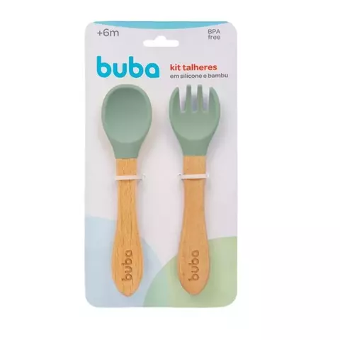 KIT TALHERES SILICONE E BAMBU BUBA - VERDE