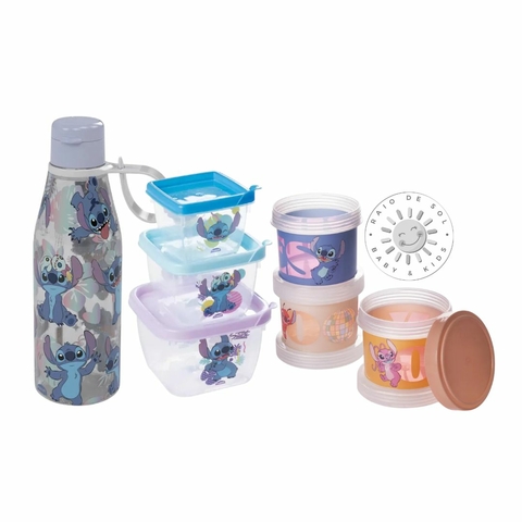 KIT LANCHE STITCH - GARRAFA ABRE FÁCIL + KIT DE 3 POTES EMPILHÁVEIS TAMPA DE ROSCA