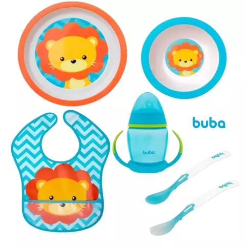 KIT INTRODUÇÃO ALIMENTAR BUBA LEÃO - PRATO + BOWL + BABADOR + KIT COLHERES + COPO
