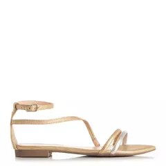 Rasteira dourada com detalhe em bico folha, com tiras finas e fecho no tornozelo