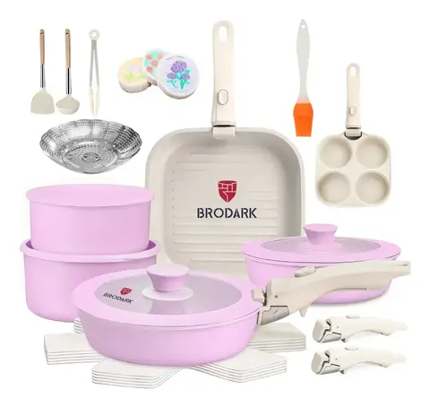 Juego de Sartenes y Ollas Brodark Antiadherentes de Cerámica, 25 Piezas con Mangos Desmontables, para Inducción y Horno - Lila