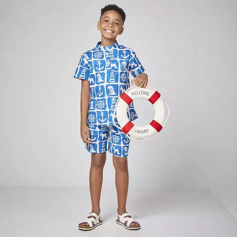 Conjunto camisa gola padre short alfaiataria tema naval