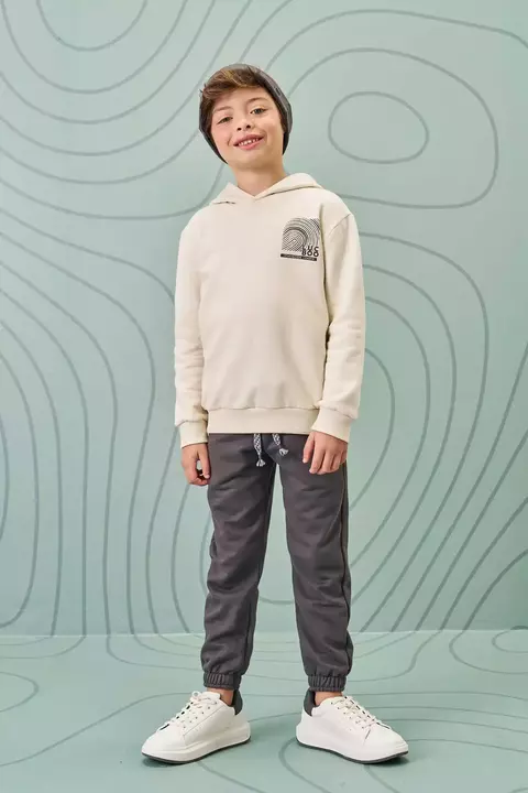 Conjunto Moletom Flanelado Capuz Offwhite Calca cinza LucBoo