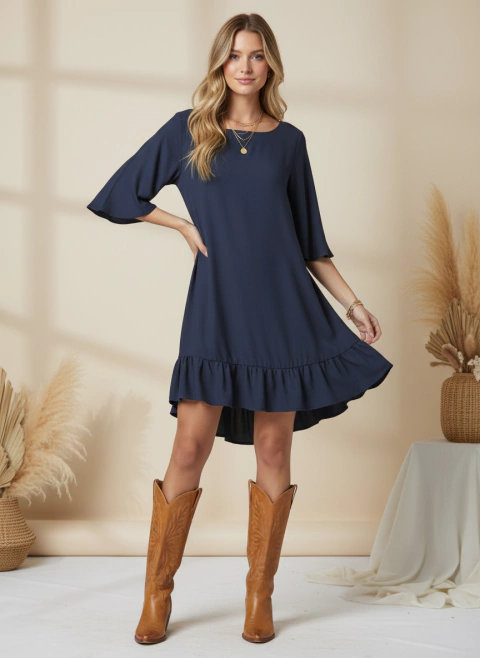 Vestido Curto CIPPÓO Iara Babados Azul Marinho