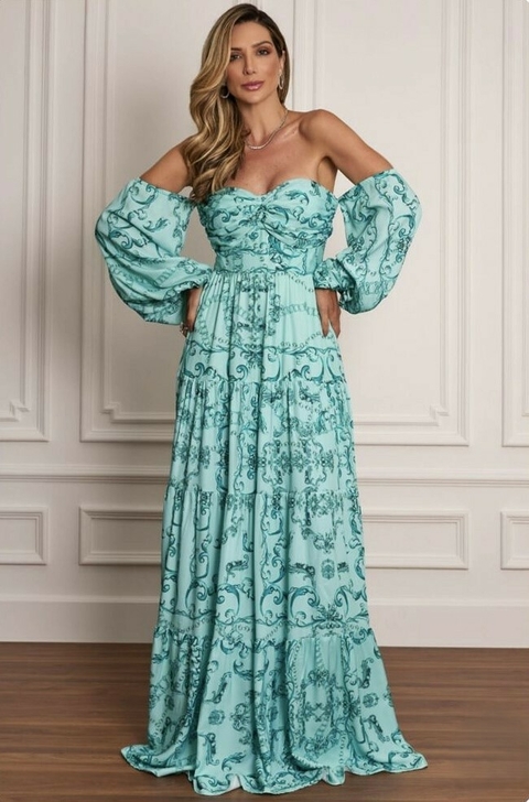 Vestido Longo Estampado Azul Tiffany Ladydress